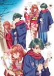  1boy 1girl alm_(fire_emblem) alternate_costume amazake_(drink) celica_(fire_emblem) closed_eyes closed_mouth duma_(fire_emblem) ema fire_emblem fire_emblem_echoes:_shadows_of_valentia flower green_eyes green_hair hair_flower hair_ornament highres japanese_clothes kimono long_hair long_sleeves mila_(fire_emblem) misu_kasumi obi omamori open_mouth red_eyes red_hair red_scarf sash scarf short_hair wide_sleeves 