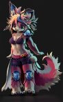 4_toes anthro armor arrow belt biped black_background black_body black_fur blue_body blue_eyes blue_fur blue_hair bottomwear bra breasts canid canine canis chair cheek_tuft claws cleavage clothed clothing cute_fangs domestic_dog ear_piercing ear_ring facial_tuft female fluffy fluffy_tail full_bokko_heroes_x fullbokko_heroes fur furniture hair hindpaw inner_ear_fluff jabberwock_(full_bokko_heroes_x) jabberwock_(fullbokko_heroes) kemono key_chain looking_at_viewer lyc mammal multicolored_body multicolored_fur multicolored_hair navel open_mouth pawpads paws piercing pink_body pink_fur pink_hair portrait purple_bottomwear purple_bra purple_clothing purple_shorts shorts simple_background smile solo standing star_eyes tan_body tan_fur toes tuft underwear white_body white_fur 