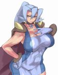  blue_eyes blue_gloves blush breasts cape cleavage covered_navel gloves gym_leader hair_between_eyes hand_on_hip hand_on_own_chest highres huge_breasts ibuki_(pokemon) muscle muscular_female pokemon pokemon_(game) pokemon_hgss skin_tight sleeveless smile taut_clothes uya_(yurukah) white_background 
