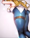  1girl animal_ears artist_name artoria_pendragon_(all) artoria_pendragon_(lancer) ass bare_shoulders blonde_hair blue_legwear breasts bunny_hair_ornament bunny_tail bunnysuit cgaw7747 commentary_request fake_animal_ears fate/grand_order fate_(series) from_behind from_below hair_ornament highres large_breasts long_hair pantyhose simple_background solo tail white_background 