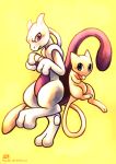  2012 ambiguous_gender anthro blue_eyes digital_media_(artwork) duo felid grey_body haychel hi_res legendary_duo legendary_pok&eacute;mon mammal mew mew_duo mewtwo nintendo pink_body pok&eacute;mon pok&eacute;mon_(species) purple_belly purple_eyes simple_background video_games yellow_background 