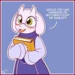  1:1 2015 anthro blush boss_monster bovid caprine clothed clothing dialogue english_text eyewear female fur glasses happy mammal smile solo symbianl text toriel undertale video_games white_body white_fur 