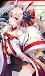  1girl ayanami_(azur_lane) ayanami_(pulse_of_the_new_year)_(azur_lane) azur_lane bare_shoulders black_skirt brown_hair chinese_zodiac commentary_request cowboy_shot ema fine_art_parody finger_to_mouth fox_mask fur_trim hair_ornament highres holding japanese_clothes long_hair long_sleeves looking_at_viewer mask mask_on_head nihonga nya_rl off_shoulder orange_eyes parody ponytail red_ribbon ribbon skirt solo thighhighs tongue tongue_out waves white_legwear wide_sleeves year_of_the_rat zettai_ryouiki 
