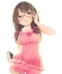  1girl arm_up blush book breasts brown_hair collarbone commentary_request cowboy_shot glasses holding holding_book large_breasts looking_at_viewer low_twintails medium_hair original pajamas pokachu red-framed_eyewear revision scrunchie semi-rimless_eyewear smile solo twintails under-rim_eyewear 