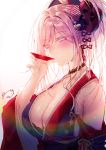  1girl backlighting bangs bare_shoulders blue_eyes blue_kimono blush breasts cleavage cup drinking fate/grand_order fate_(series) floral_print hair_ornament highres japanese_clothes kimono long_hair long_sleeves looking_at_viewer magatama miyamoto_musashi_(fate/grand_order) obiwan pink_hair ponytail sakazuki shoulder_cutout solo swept_bangs tassel white_background wide_sleeves 