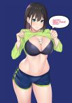  1girl animal between_breasts black_bra blue_background blue_eyes blush bra breasts brown_hair cleavage highres lifted_by_self long_hair mole mole_on_breast mouse navel original shirt_lift shorts simple_background solo underwear zonda_(solid_air) 