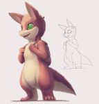  4_fingers 4_toes anthro backpack biped claws dragon featureless_crotch fingers fur furred_dragon green_eyes horn kemono lyc open_mouth pink_body pink_fur portrait simple_background sketch smile solo standing tan_body tan_fur teeth toes tongue white_background 