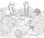  1girl 3boys alternate_costume cat closed_eyes cup dimitri_alexandre_blaiddyd dog eyepatch felix_hugo_fraldarius fire_emblem fire_emblem:_three_houses food fruit greyscale ingrid_brandl_galatea kotatsu long_sleeves mandarin_orange monochrome multiple_boys open_mouth plate ritao00 short_hair sitting socks sylvain_jose_gautier table teacup 