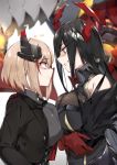  2girls azur_lane bangs bare_shoulders black_dress black_jacket blurry breast_press breasts buttons closed_mouth collared_shirt crossed_arms dress eye_contact eyebrows_visible_through_hair friedrich_der_grosse_(azur_lane) gloves grey_shirt grin hair_between_eyes headgear hidebuu iron_cross jacket light_brown_hair looking_at_another machinery mechanical_horns military military_uniform multicolored_hair multiple_girls profile red_gloves red_hair roon_(azur_lane) shaded_face shiny shiny_hair shirt short_hair sidelocks sleeveless sleeveless_dress smile streaked_hair symmetrical_docking turtleneck_dress uniform upper_body white_background yellow_eyes 