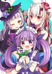  3girls blush commentary_request drill_hair hair_ornament hair_ribbon hat hololive long_hair looking_at_viewer maid_headdress maki_soutoki minato_aqua multiple_girls murasaki_shion nakiri_ayame one_eye_closed oni_horns open_mouth plant purple_eyes red_eyes ribbon smile twin_drills virtual_youtuber witch_hat yellow_eyes 