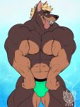  2019 5_fingers abs anthro biceps big_muscles black_nose blonde_hair brown_body brown_fur build-a-wuff bulge canid canine canis clothed clothing dobermann domestic_dog fingers flexing fur hair huge_muscles looking_at_viewer male mammal muscular muscular_male pecs piercing pink_tongue pinscher quads simple_background solo standing tongue tongue_out tongue_piercing topless triceps underwear underwear_only yellow_eyes 
