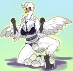  anatid anseriform anserinae anthro avian bird bodily_fluids breasts clothed clothing clothing_aside egg female genital_fluids hi_res lingerie lustbubbles oviposition panties panties_aside pussy pussy_juice solo swan underwear underwear_aside 