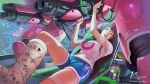  1girl artist_name bandage_on_face brown_hair cast d.va_(overwatch) headphones heart highres holographic_interface klyn knee_up korean_text leg_cast long_hair looking_at_viewer mecha meka_(overwatch) open_mouth overwatch reclining short_shorts shorts sitting tank_top thermos watermark web_address wire wrench 