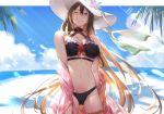  1girl ;) bangs bare_shoulders beach bikini black_bikini blue_eyes blue_sky blush breasts brown_hair choker cleavage cloud day eyebrows_visible_through_hair flower granblue_fantasy grin groin hair_between_eyes hair_flower hair_ornament hat hat_flower hat_ribbon highres kakage large_breasts long_hair looking_at_viewer navel ocean off_shoulder one_eye_closed outdoors outside_border palm_tree red_flower red_rose ribbon rose rosetta_(granblue_fantasy) sidelocks sky smile solo stomach sun_hat sunlight swimsuit thigh_strap tree very_long_hair wet white_headwear 