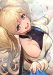  1girl bandaid_on_cheek bangs bare_shoulders belt blonde_hair blush breasts granblue_fantasy grey_eyes hair_between_eyes halterneck highres kakage large_breasts long_hair long_sleeves looking_at_viewer monica_weisswind off-shoulder_shirt off_shoulder open_mouth petals sheath shirt shirt_pull smile solo_focus swept_bangs sword twintails weapon white_shirt 