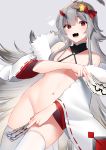  1girl :d ahoge azur_lane bare_shoulders covering covering_breasts cowboy_shot fur_trim gradient_hair grey_background grey_hair groin hair_ornament hibiki_(azur_lane) hibiki_(new_year&#039;s_little_imp)_(azur_lane) highres horns long_hair looking_at_viewer mizuki_eiru_(akagi_kurage) multicolored_hair navel no_bra no_pants off_shoulder ofuda open_clothes open_mouth red_eyes skindentation smile solo stomach thighhighs very_long_hair white_legwear wide_sleeves 