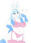  2020 anthro areola belly big_breasts blue_body blue_eyes blue_hair blush breasts clothed clothing dialogue digital_media_(artwork) dipstick_tail eeveelution elpatrixf english_text eyeshadow female garter_straps glaceon gloves_(marking) hair legwear looking_at_viewer makeup markings mature_female multicolored_tail navel nintendo nipples open_mouth pok&eacute;mon pok&eacute;mon_(species) pok&eacute;morph shiny_pok&eacute;mon simple_background solo text thick_thighs thigh_highs translucent translucent_clothing underwear video_games white_background white_body 