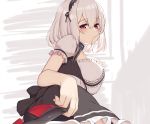  1girl azur_lane bangs blush breasts choker dress dress_lift eyebrows_visible_through_hair frilled_choker frills hair_between_eyes highres lace-trimmed_hairband large_breasts lifted_by_self looking_at_viewer olive_(laai) puffy_short_sleeves puffy_sleeves red_eyes short_hair short_sleeves sirius_(azur_lane) solo white_hair 