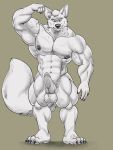  2019 4_toes 5_fingers abs anthro balls biceps big_muscles black_and_white build-a-wuff canid canine claws erection fingers flexing fox huge_muscles knot looking_at_viewer male mammal monochrome muscular muscular_male nipples nude pecs penis plantigrade quads simple_background solo standing toes triceps veiny_muscles 