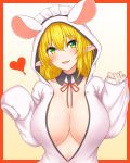  1girl :d animal_costume animal_ears bangs blonde_hair blush border breasts cleavage commentary_request detached_collar elf etan14 eyebrows_visible_through_hair fake_animal_ears heart highres large_breasts long_hair long_sleeves looking_at_viewer maid_headdress mouse_costume mouse_ears neck_ribbon open_clothes open_mouth orange_border original outside_border pointy_ears red_neckwear red_ribbon ribbon simple_background sleeves_past_wrists smile solo yellow_background 