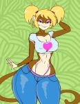  2019 anthro blonde_hair blue_eyes bottomwear clothed clothing ear_piercing ear_ring eyeshadow female hair haplorhine hi_res jeans looking_at_viewer makeup mammal monkey pants piercing pigtails pose primate sanfingulipunrapin simple_background smile solo standing thick_thighs thong underwear wide_hips 