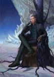  1boy black_coat black_pants boots coat devil_may_cry devil_may_cry_5 fingerless_gloves gloves grey_hair high_heel_boots high_heels highres male_focus nexaeterna nextoad open_clothes open_coat pants silver_hair sitting solo throne trench_coat vergil 