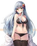  1girl arms_at_sides ass_visible_through_thighs bangs bare_shoulders bikini black_bikini black_legwear blush breasts cleavage closed_mouth clothes_writing collarbone commentary eyebrows_visible_through_hair facial_mark flower girls_frontline green_eyes hair_flower hair_ornament hibiscus highres hk416_(girls_frontline) long_hair looking_at_viewer medium_breasts navel red_flower sidelocks silver_hair sobmarine solo stomach swimsuit thighhighs very_long_hair white_background x_hair_ornament 