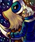  2012 absurd_res ambiguous_gender black_eyes digital_media_(artwork) duo green_eyes hair haychel hi_res human male mammal mamoswine nintendo outside pok&eacute;mon pok&eacute;mon_(species) proboscidean size_difference snow snowing video_games white_hair 