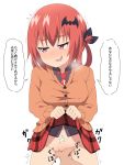  1boy 1girl bat_hair_ornament blush breasts eyebrows_visible_through_hair fang fingering gabriel_dropout groin hair_ornament hair_ribbon highres kurumizawa_satanichia_mcdowell large_breasts lifted_by_self looking_to_the_side mbt64kmb no_panties open_mouth red_eyes red_hair ribbon school_uniform shiny shiny_hair short_hair simple_background skirt skirt_lift smile speech_bubble standing sweat translation_request trembling upper_body white_background 