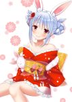  1girl animal_ear_fluff animal_ears bangs bare_shoulders blue_hair blush bunny_ears closed_mouth collarbone commentary_request eyebrows_visible_through_hair feet_out_of_frame floral_background hair_between_eyes highres hololive japanese_clothes ki_(kk-sk-ray) kimono long_sleeves looking_at_viewer multicolored_hair obi off_shoulder red_eyes red_kimono sash short_eyebrows sidelocks sleeves_past_wrists smile solo thick_eyebrows two-tone_hair usada_pekora virtual_youtuber white_background white_hair wide_sleeves 