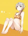  1girl akishimo_(kantai_collection) asymmetrical_bangs asymmetrical_hair bangs barefoot blush bra breasts brown_hair full_body gradient_hair grey_eyes hair_ornament kantai_collection leaf_hair_ornament miroku_san-ju multicolored_hair orange_bra orange_panties panties short_hair_with_long_locks silver_hair sitting small_breasts solo sports_bra star star_print two-tone_background underwear 