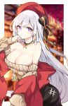 1girl absurdres aran_sweater azur_lane bare_shoulders belfast_(azur_lane) belfast_(shopping_with_the_head_maid)_(azur_lane) beret blurry blurry_background breasts brown_sweater choker cleavage earrings eyebrows_visible_through_hair hat hat_ribbon highres hoop_earrings jewelry large_breasts long_hair off-shoulder_sweater off_shoulder paaru pencil_skirt purple_eyes red_headwear ribbon shawl skirt smile solo sweater white_hair 