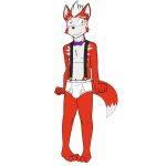  anthro bow_tie briefs bulge canid canine clothed clothing embarrassed fox full-length_portrait fuze male mammal portrait simple_background solo suspenders tighty_whities topless underwear white_background white_clothing white_underwear 