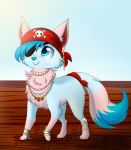  &lt;3 accessory bani_temari blue_eyes blue_hair clothing domestic_cat eye_patch eyewear ezpups felid feline felis female feral fur hair hat headgear headwear jewelry kiyttani mammal outside pink_body pink_fur pirate smile solo 