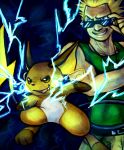  2012 absurd_res ambiguous_gender blonde_hair blue_eyes digital_media_(artwork) duo electricity eyewear gym_leader hair haychel hi_res human lt._surge male mammal nintendo orange_body orange_eyes pok&eacute;mon pok&eacute;mon_(species) raichu rodent sunglasses video_games 