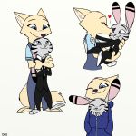  &lt;3 1:1 anthro arctic_fox blue_eyes canid canine carrying clothed clothing disney duo ear_markings eyes_closed facial_markings fox fur grey_body grey_fur grin head_markings hi_res jack_savage jacket kissing lagomorph leporid mammal markings necktie one_eye_closed overalls rabbit simple_background skeletonguys-and-ragdolls skye_(zootopia) smile standing suit tan_body tan_fur topwear zootopia 