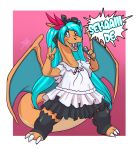  2020 ambiguous_gender blue_hair charizard clothing cosplay dialogue dress english_text gesture hair hatsune_miku holding_object lavenderpandy legwear long_hair looking_at_viewer membrane_(anatomy) membranous_wings microphone nintendo open_mouth pigtails pok&eacute;mon pok&eacute;mon_(species) ribbons singing smile speech_bubble text thigh_highs v_sign video_games vocaloid wings 