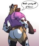 african_wild_dog anthro big_butt brown_body brown_eyes brown_fur butt canid canine canis clothing darius_davis digital_media_(artwork) dilgearwolfang fur hair hi_res looking_at_viewer looking_back love_handles male mammal multicolored_body multicolored_fur muscular muscular_male phone shirt slightly_chubby solo speech_bubble standing topwear 