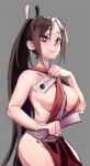  1girl :&gt; breasts brown_eyes brown_hair closed_fan covered_nipples eyeliner fan fatal_fury folding_fan grey_background hair_ribbon highres holding_letter large_breasts long_hair makeup ninja no_bra no_panties ponytail ribbon shiranui_mai sho-n-d sideboob smash_is_for_good_boys_and_girls solo super_smash_bros. the_king_of_fighters thighs very_long_hair 