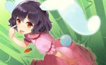  1girl :p akanbe animal_ears artist_request bamboo bamboo_forest bangs black_hair brown_eyes bunny_ears bunny_tail carrot_necklace cowboy_shot dress eyebrows_visible_through_hair forest hand_up inaba_tewi looking_at_viewer nature outdoors pink_dress puffy_short_sleeves puffy_sleeves short_hair short_sleeves smile solo standing tail tongue tongue_out touhou touhou_cannonball 