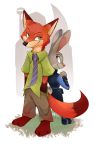  2018 anthro barefoot black_nose bottomwear canid canine clothed clothing dipstick_ears dipstick_tail disney duo fox fully_clothed fur gloves_(marking) green_eyes hands_in_pockets inner_ear_fluff judy_hopps lagomorph leporid mammal markings multicolored_ears multicolored_tail necktie nick_wilde orange_body orange_fur pants pink_nose pockets police_uniform purple_eyes rabbit red_fox shirt simple_background smile standing topwear tuft uniform zionnicoz zootopia 