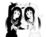  1girl angel_and_devil breasts chitanda_eru commentary_request dual_persona fusion fusion_dance hyouka long_hair looking_at_viewer monochrome school_uniform simple_background ueyama_michirou white_background 