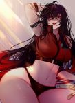  black_hair black_panties breasts commentary_request crop_top cropped_jacket fate/grand_order fate_(series) hair_between_eyes hair_over_eyes hand_behind_head hand_up large_breasts lipstick long_hair makeup marchab_66 messy_hair navel oda_nobunaga_(fate) oda_nobunaga_(fate)_(all) oda_nobunaga_(maou_avenger)_(fate) open_mouth panties red_eyes red_hair sitting solo sunlight thigh_strap tongue tongue_out underwear 