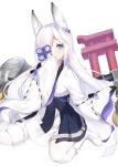  1girl absurdres animal_ears azur_lane blue_eyes boots commentary_request fox_ears hair_over_one_eye highres japanese_clothes kasumi_(azur_lane) kimidori3_karla long_hair long_sleeves looking_at_viewer seiza silver_hair simple_background sitting solo thighhighs white_background white_legwear 