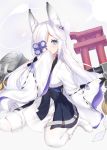  1girl absurdres animal_ears azur_lane blue_eyes boots commentary_request fox_ears hair_over_one_eye highres japanese_clothes kasumi_(azur_lane) kimidori3_karla long_hair long_sleeves looking_at_viewer seiza silver_hair simple_background sitting solo thighhighs white_background white_legwear 