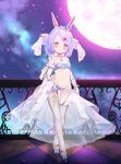  1girl absurdres alternate_costume alwaysissac animal_ears blurry blurry_background blush bra breasts bunny_ears cherry_blossoms collarbone commentary english_commentary full_body full_moon garter_belt hair_ornament hairclip highres juno_(warship_girls_r) looking_at_viewer moon navel night panties purple_hair small_breasts solo standing thighhighs underwear warship_girls_r yellow_eyes 