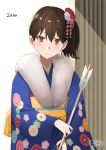  1girl 2020 arrow artist_name blue_kimono brown_eyes brown_hair commentary_request cowboy_shot floral_print fur-trimmed_kimono fur_trim hair_ornament hamaya head_tilt highres japanese_clothes kaga_(kantai_collection) kantai_collection kimono long_hair looking_at_viewer masukuza_j print_kimono side_ponytail simple_background solo twitter_username white_background 