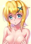  1000 1girl akatsuki_kirika blonde_hair breasts collarbone covering covering_breasts green_eyes hair_between_eyes hair_ornament looking_at_viewer medium_breasts nude open_mouth senki_zesshou_symphogear shiny shiny_hair shiny_skin short_hair solo teeth upper_body x_hair_ornament 