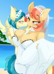  2020 anthro anthrofied aunt_holiday_(mlp) auntie_lofty_(mlp) beach big_breasts blue_eyes blue_hair blush breasts brown_eyes cleavage clothed clothing dress equid equine female female/female floating_wings friendship_is_magic hair horse jrvanesbroek kissing mammal my_little_pony pony pterippus seaside size_difference skinny slightly_chubby veil wedding wedding_dress wings 