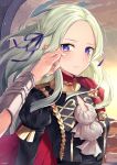  2girls arm_guards blue_ribbon byleth_(fire_emblem) byleth_(fire_emblem)_(female) cape closed_mouth crying crying_with_eyes_open day edelgard_von_hresvelg female_pov fire_emblem fire_emblem:_three_houses forehead hair_ribbon highres light_smile long_hair long_sleeves military military_uniform multiple_girls outstretched_arm pov purple_eyes red_cape ribbon ringozaka_mariko signature silver_hair tears uniform upper_body window wiping_tears 